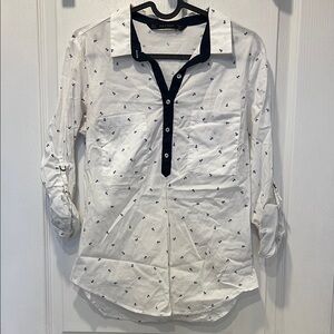 Zara White and Navy Nautical Button Down Shirt
